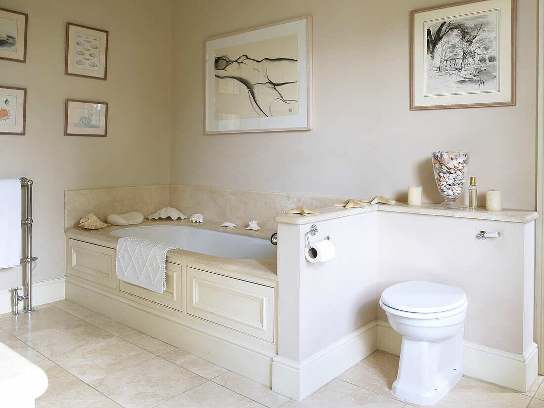 Cremefarbenes Badezimmer mit unterteilter Toilette in einem Landhaus in Lincolnshire, England, UK