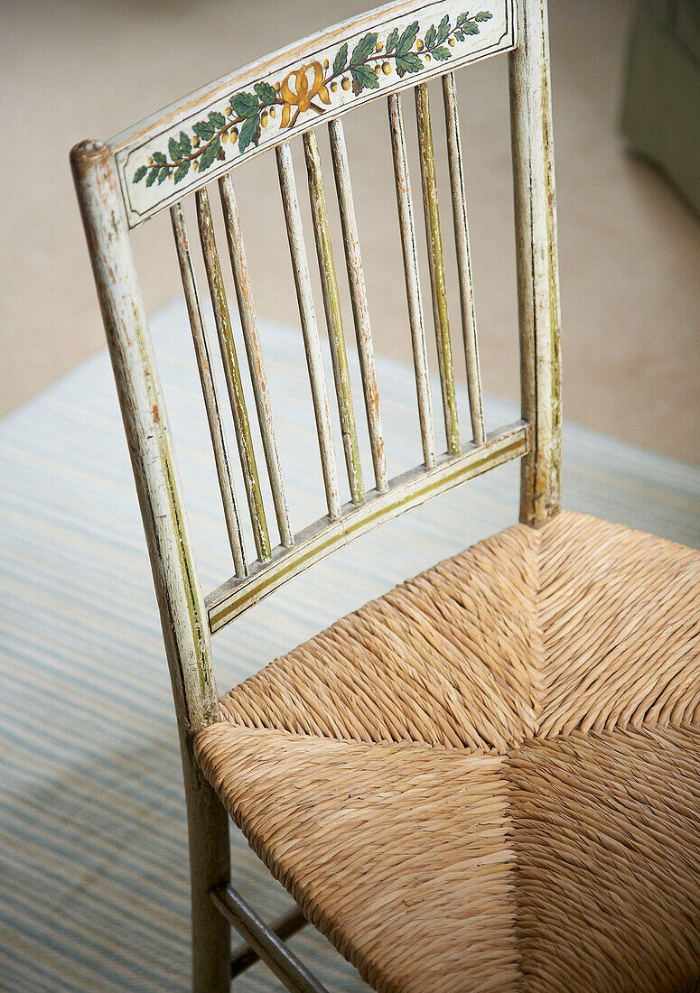 Hand painted chair in Lincolnshire country house, England, UK