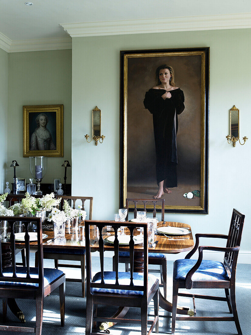 Dramatic oil painting in dining room of Lincolnshire country house, England, UK