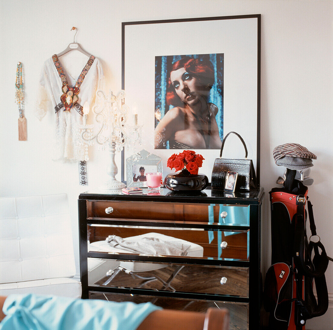 Mirrored chest of draws in bedroom