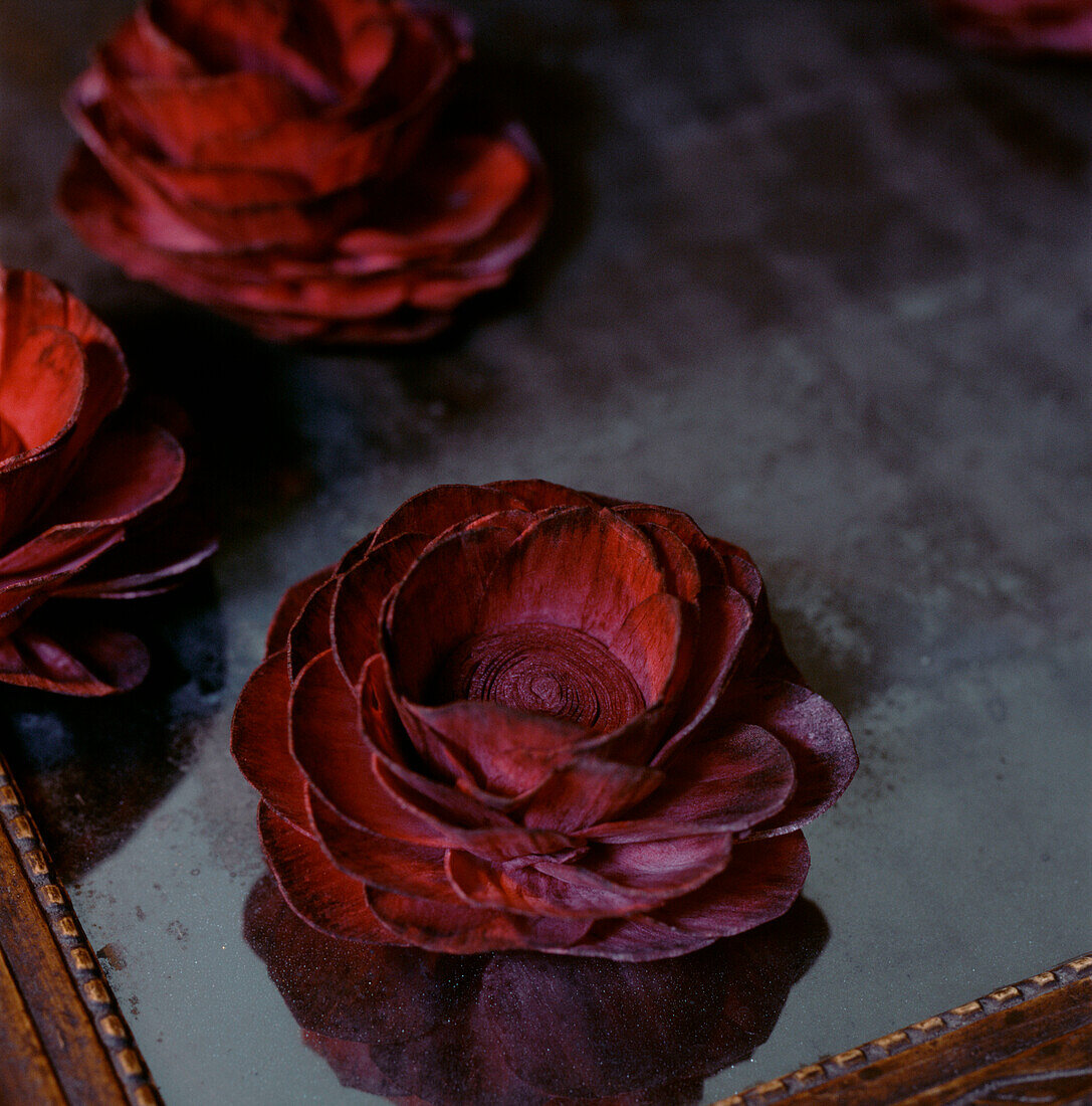 Detail of handmade red flowers