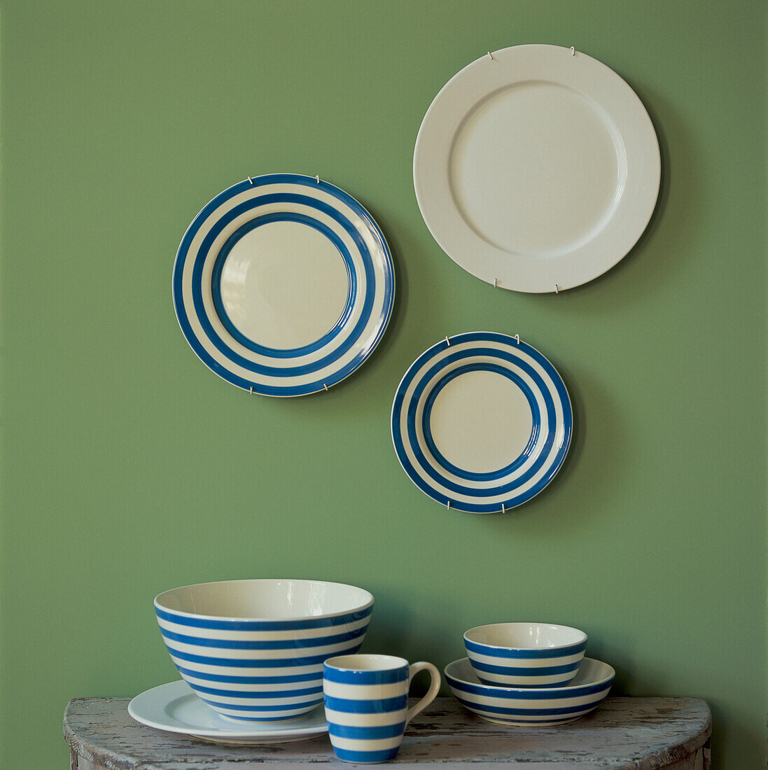 Display of Cornish blue pottery