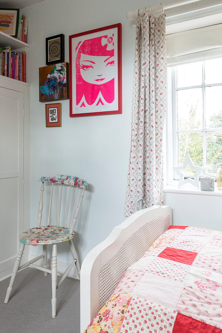 Decoupage chair and framed prints in Guildford cottage Surrey UK