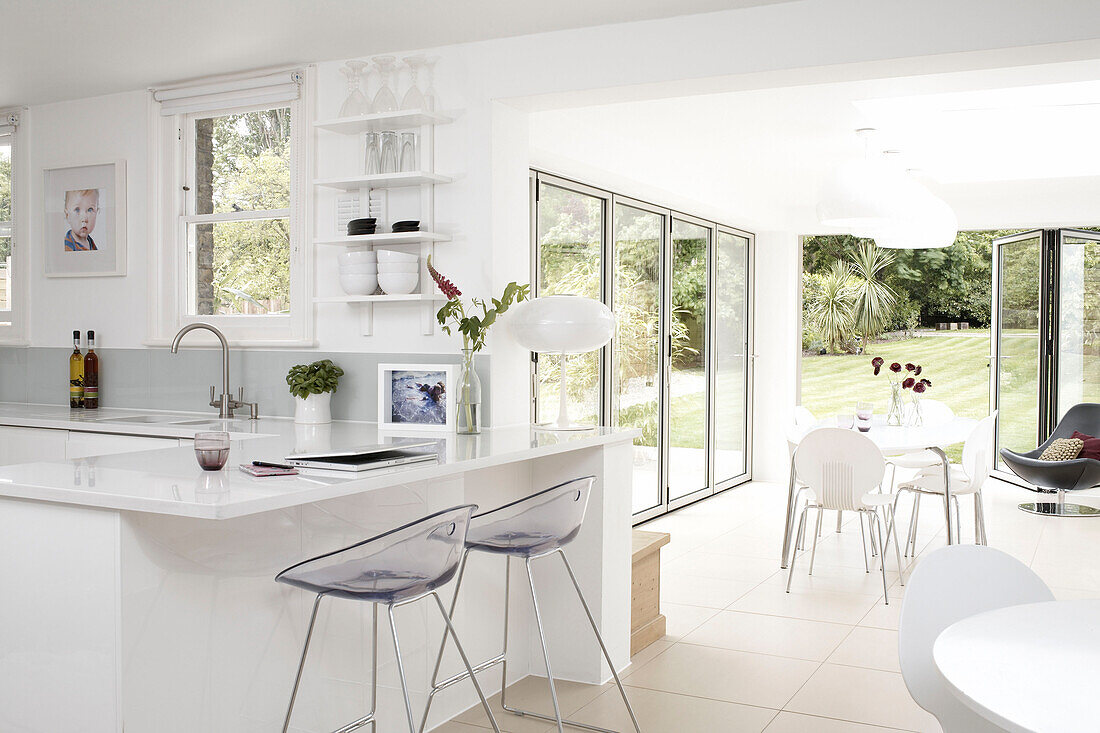 White kitchen with garden extension London