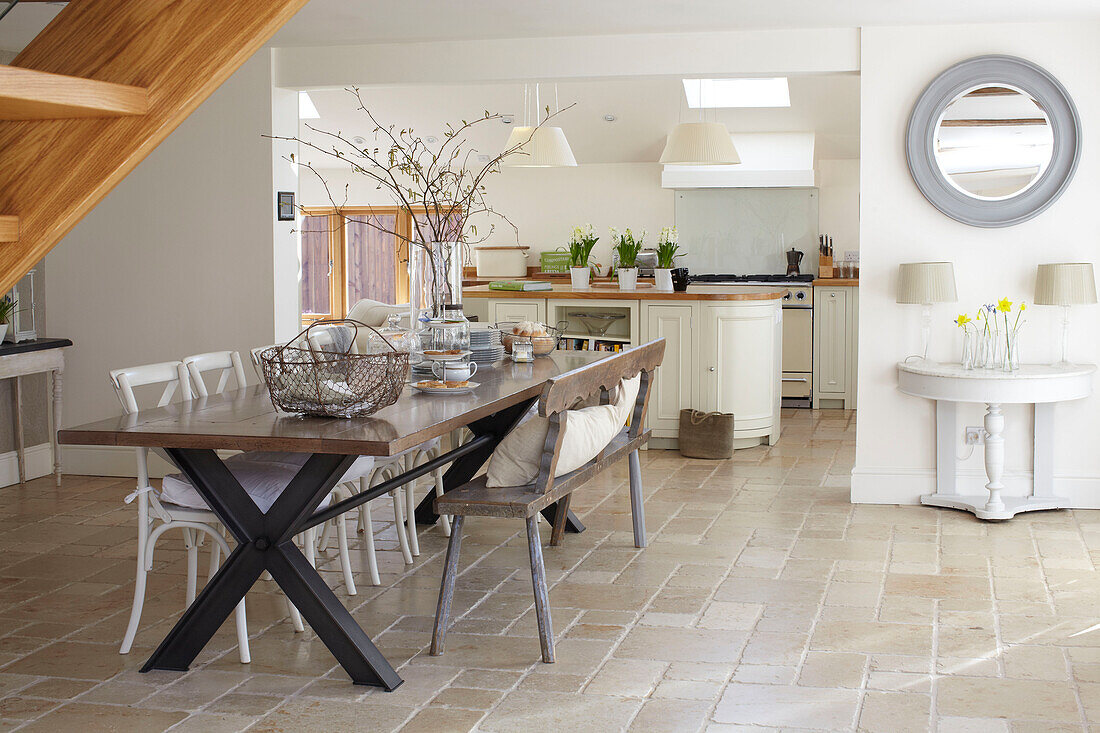 open plan kitchen and dining area in tiled Kent home, England, UK