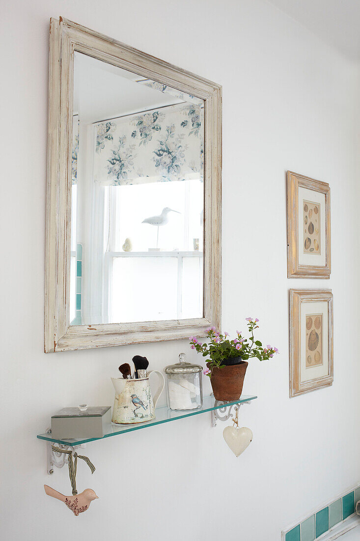 Houseplant and make up brushes on glass shelf below mirror in bathroom detail of semi-detached home UK