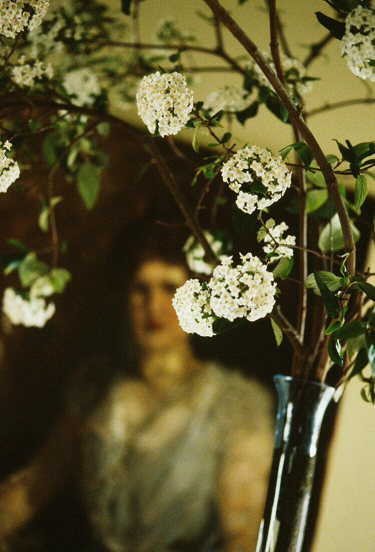 Detail of Burkwood Viburnum branch in vase with oil painting in background