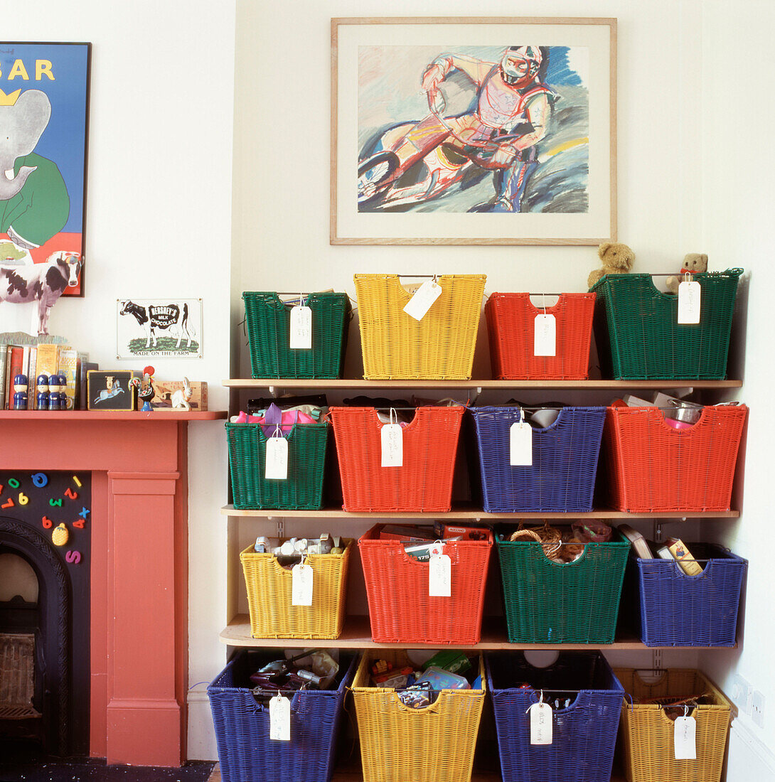Children's bedroom with colourful storage boxes for toys
