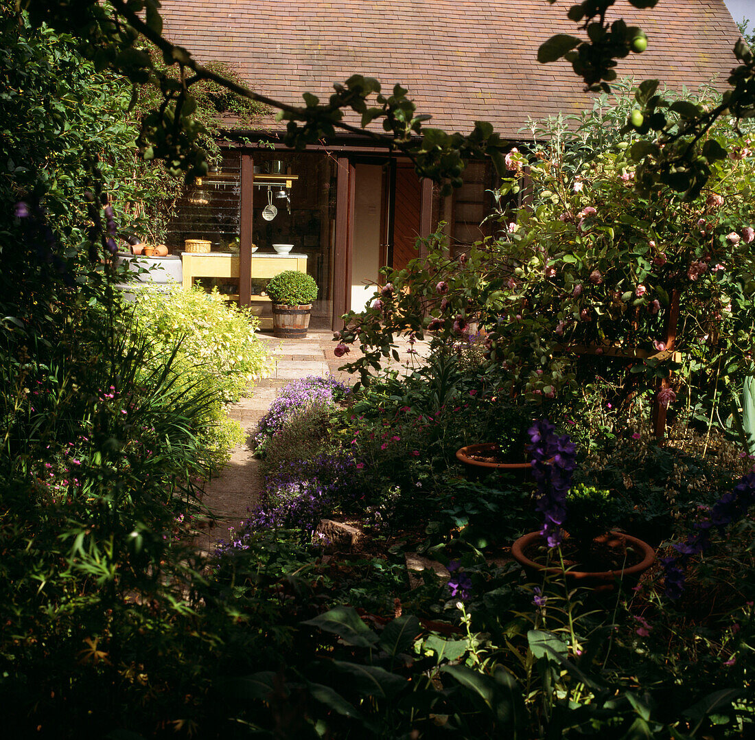 Blick durch den Garten zur Küche und zur Hintertür