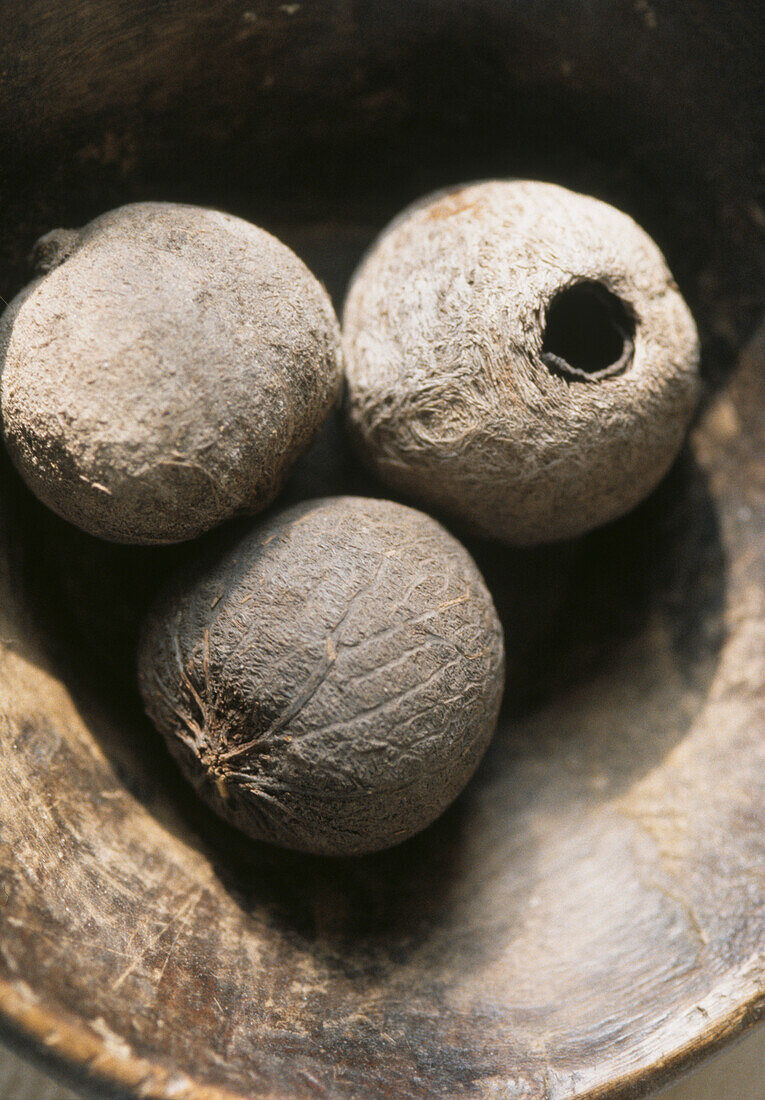 Seed pods in wooden bowl