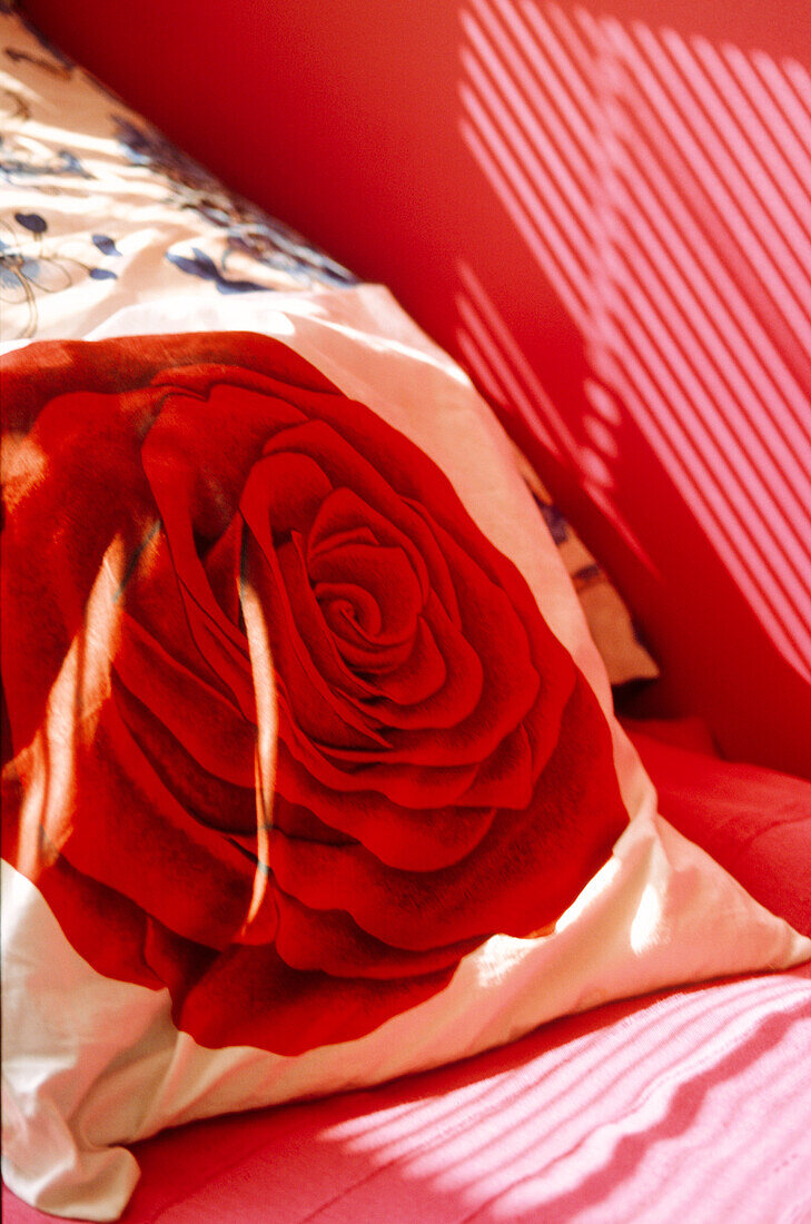 Close up of Rose flower print scatter cushion in magenta pink teenage bedroom