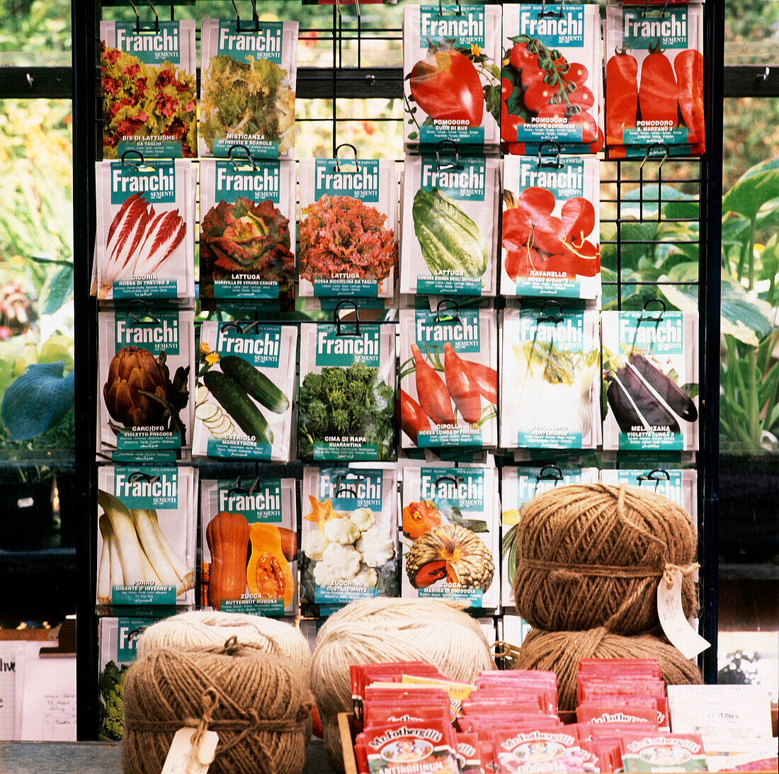 A rack of vegetable seeds displayed in a garden center