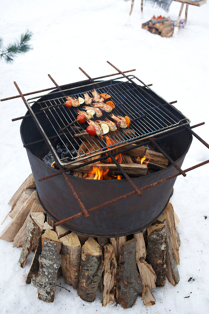 Kebabs on barbecue grill on open fire in snow, Zermatt, Valais, Switzerland