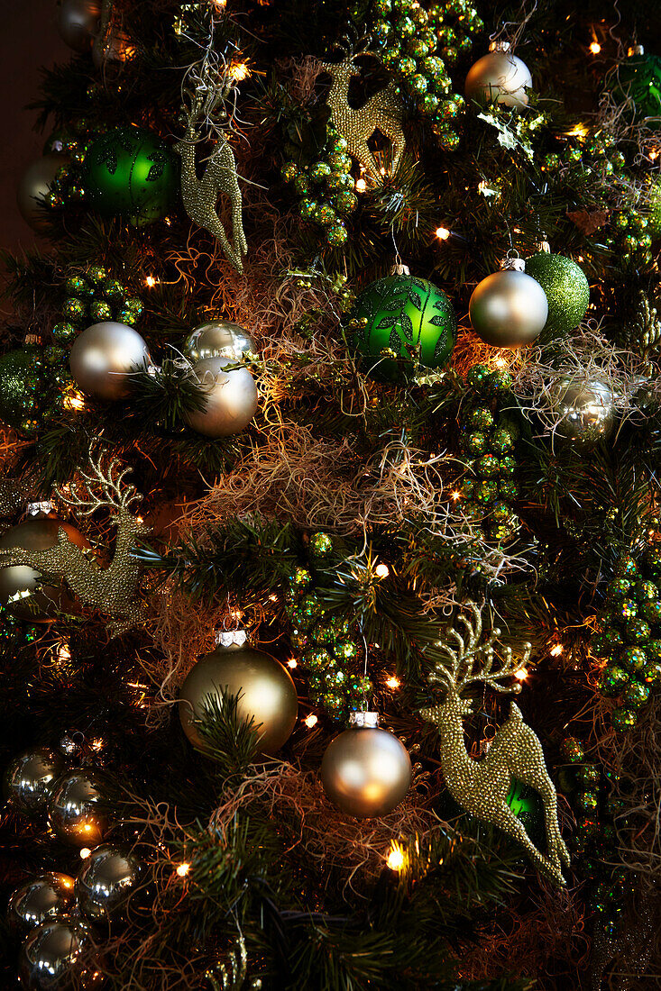 Christmas tree detail with decorations and fairylights