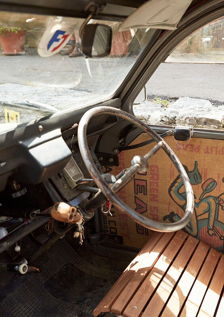 Steering wheel and dashboard in vintage car, Evershot, Dorset, kent, UK