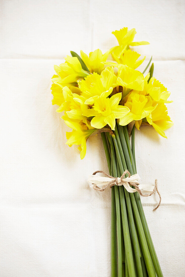 Hand tied spring flower bouquet with daffodils