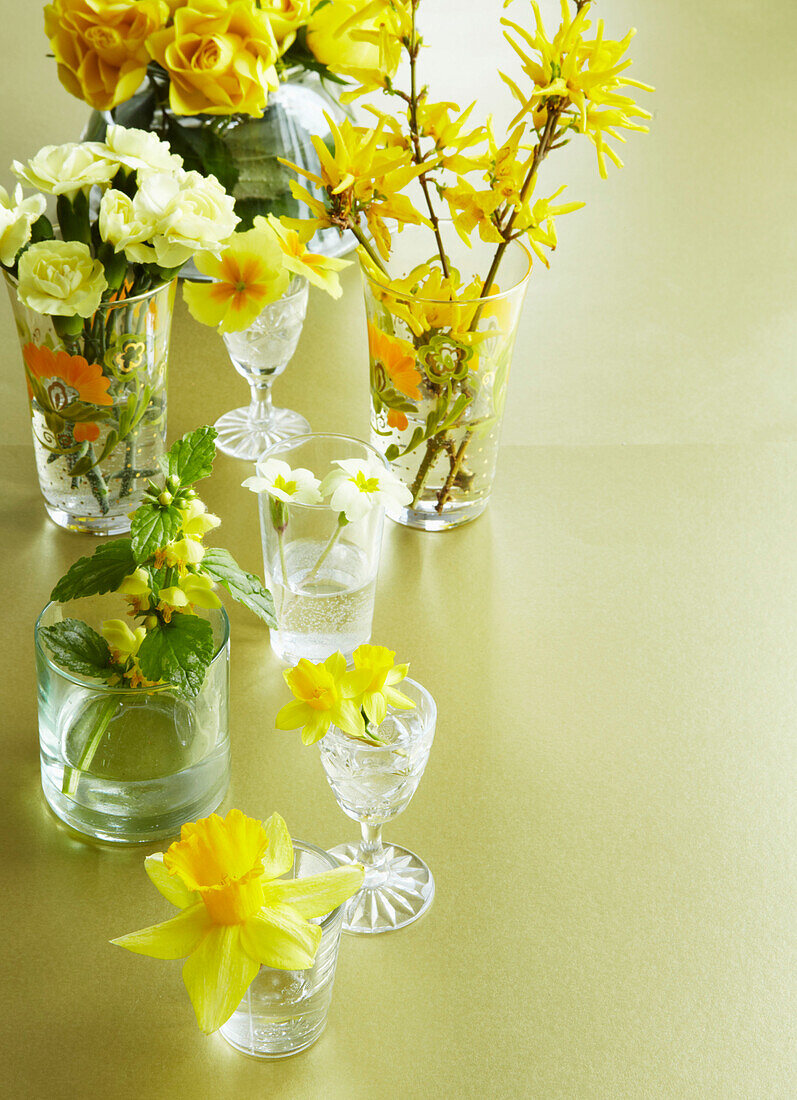Gelbe Narzissen, Primeln, Rosen und Schokoladeneier in verschiedenen Vasen auf einer goldenen Tischplatte