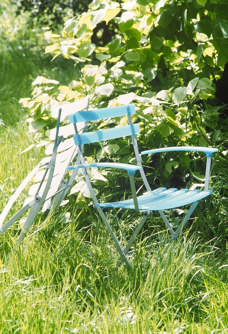 Blauer Plastik-Klappstuhl im überwucherten Garten
