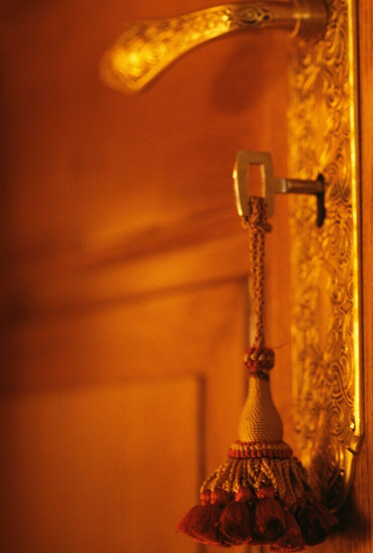 Tassel hangs from metal key on decorative fingerboard