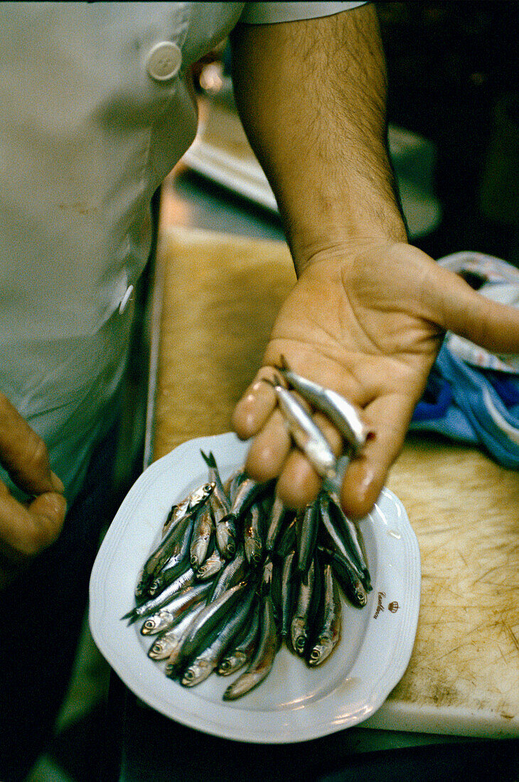 Tapas-Koch mit frischen Sardellen in seiner Küche