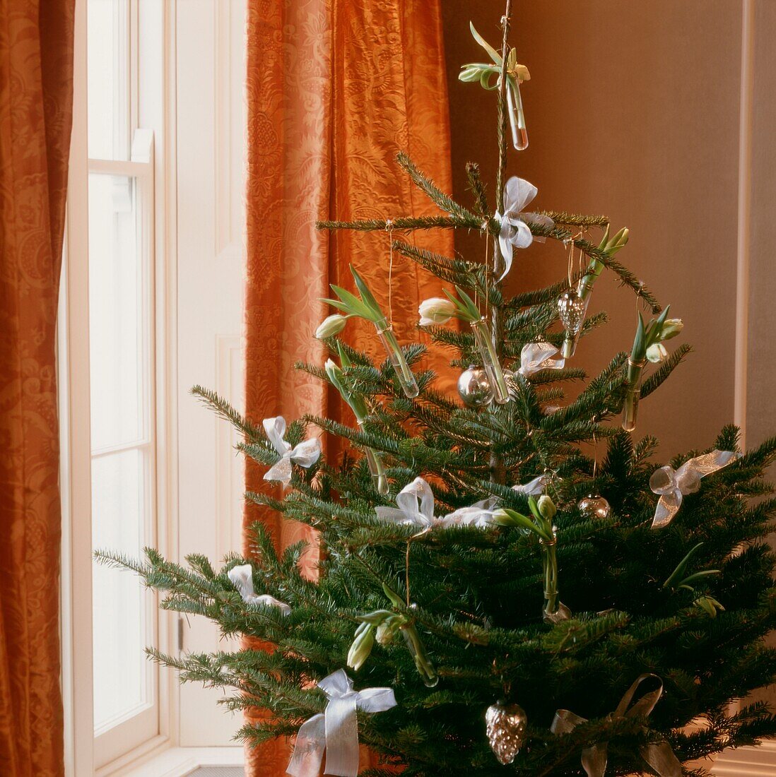 Weihnachtsbaum geschmückt mit weißen Schleifen und einblütigen Blumen