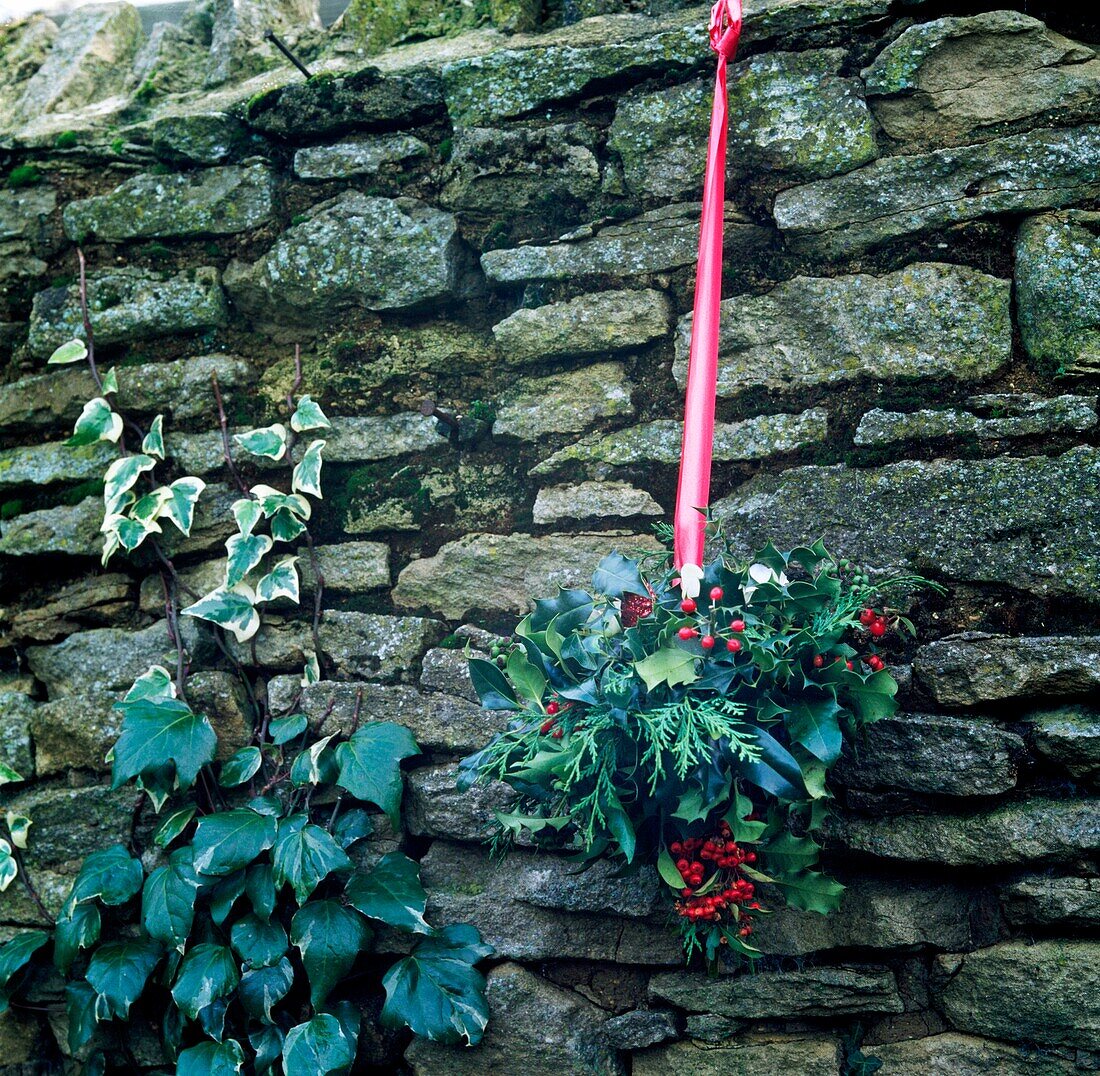 Dry Stone wall with Festive Evergreen wreath