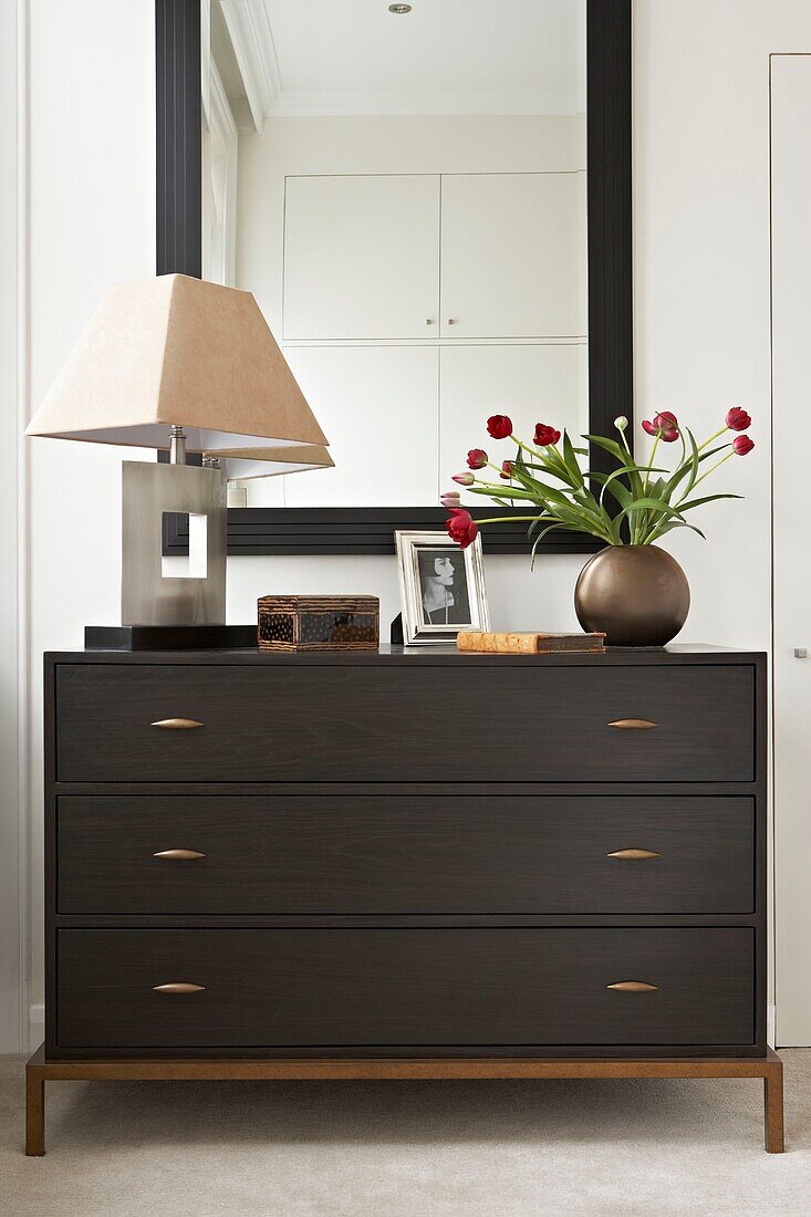 Lamp and cut tulips on dark wood chest of drawers below mirror in London home