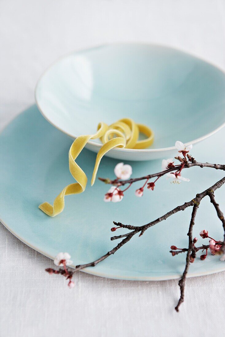 Tagliatelle and cherry blossom on light blue chinaware