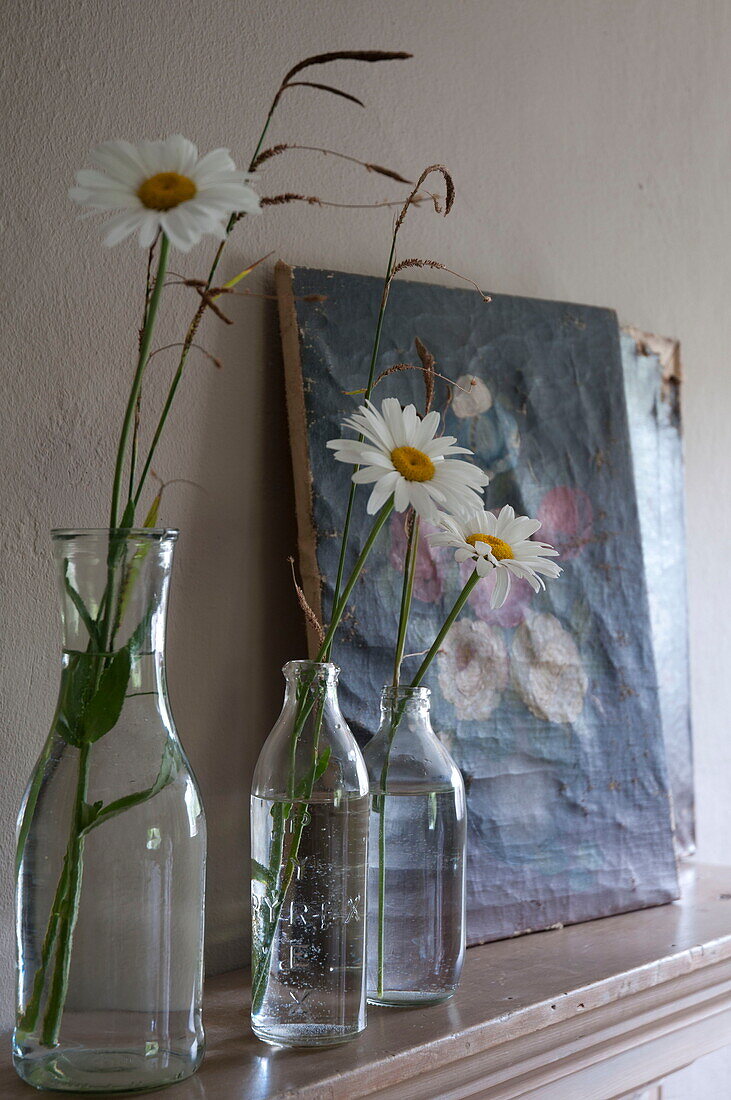 Geschnittene Gänseblümchen in Flaschen mit Kunstwerk auf dem Kaminsims im Haus in Kingston, East Sussex, England, UK