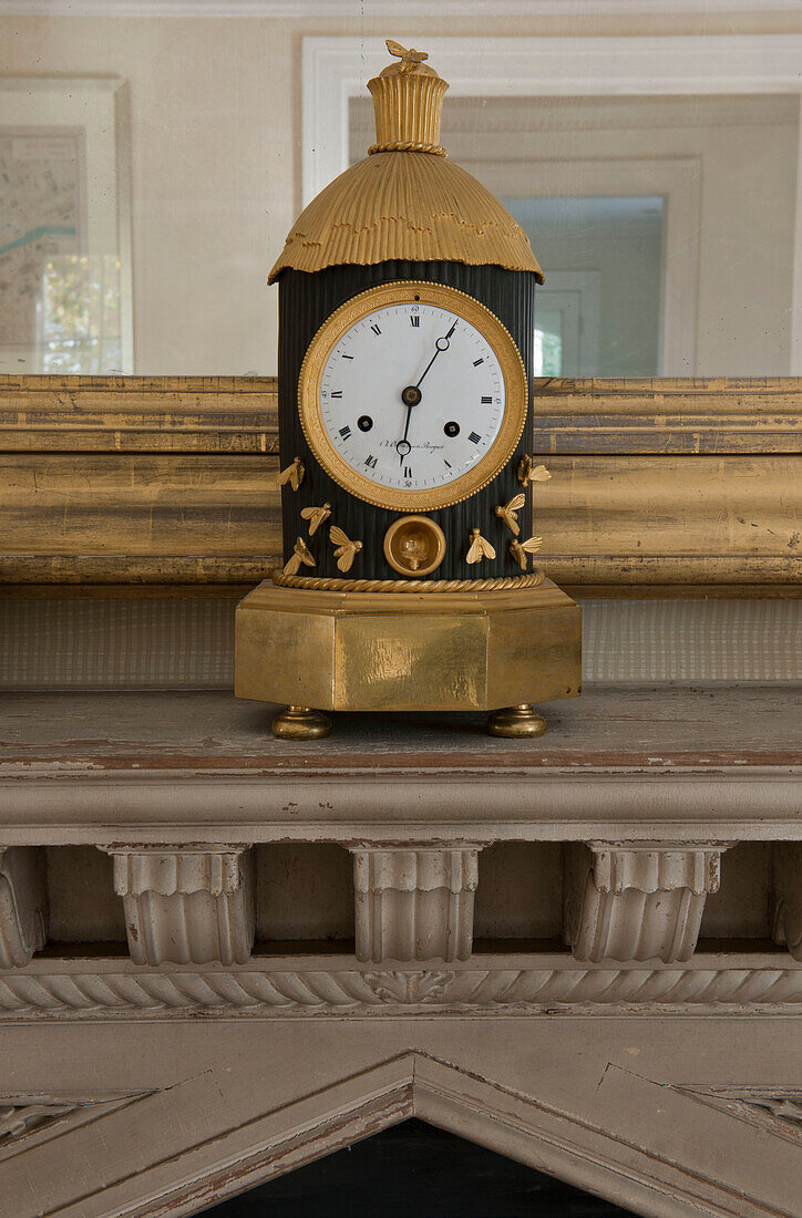 Gilt clock on mantlepiece in Washington DC home,  USA