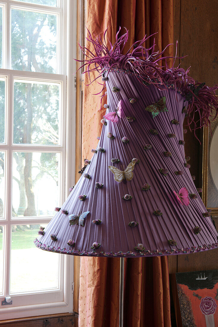 Personalised purple lampshade in Tiverton country home,  Devon,  England,  UK