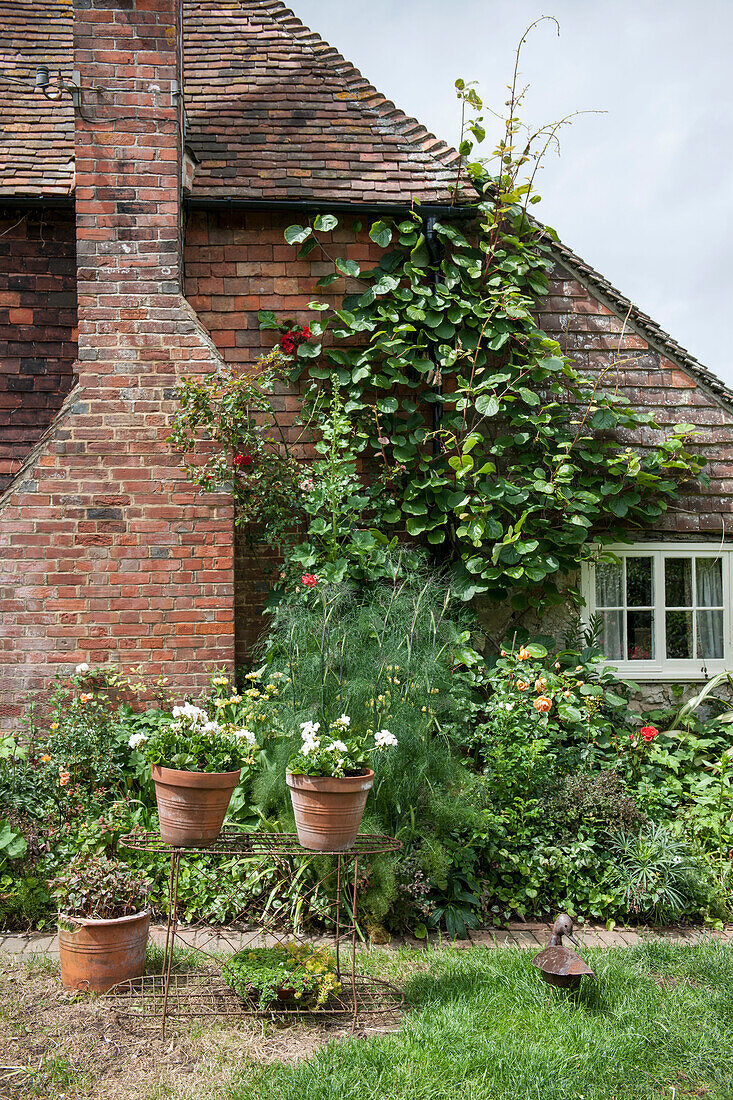Terrakotta-Pflanzgefäße mit gemauertem Schornstein im Garten eines Ashford Cottage, Kent UK
