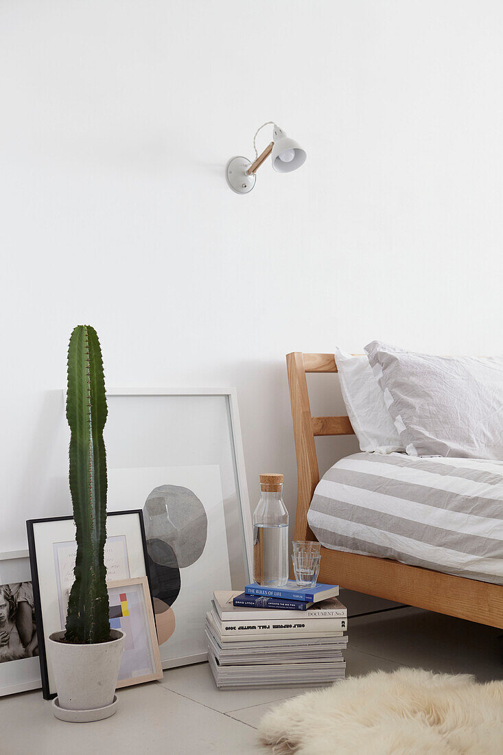 Kaktus und Zeitschriften mit gerahmtem Kunstwerk am Bett in einer Londoner Wohnung UK