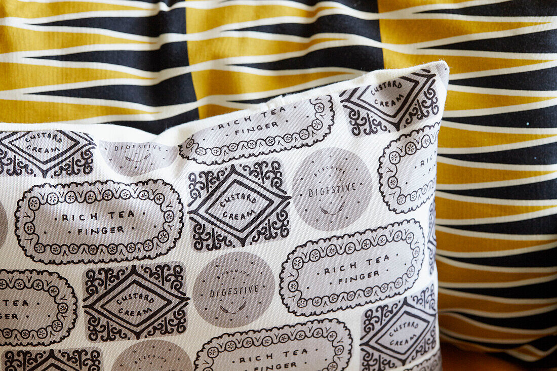 Contrasting fabric on cushions in Alloa home  Scotland  UK