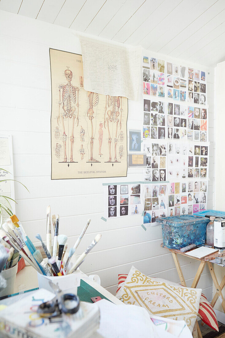 Moodboard and paintbrushes in artist's studio of Alloa home  Scotland  UK