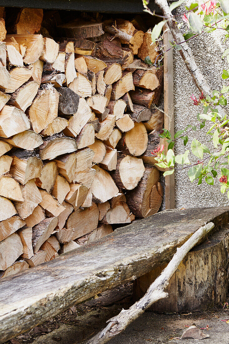 Gestapelte Holzscheite im Holzschuppen Berwick Upon Tweed Northumberland UK