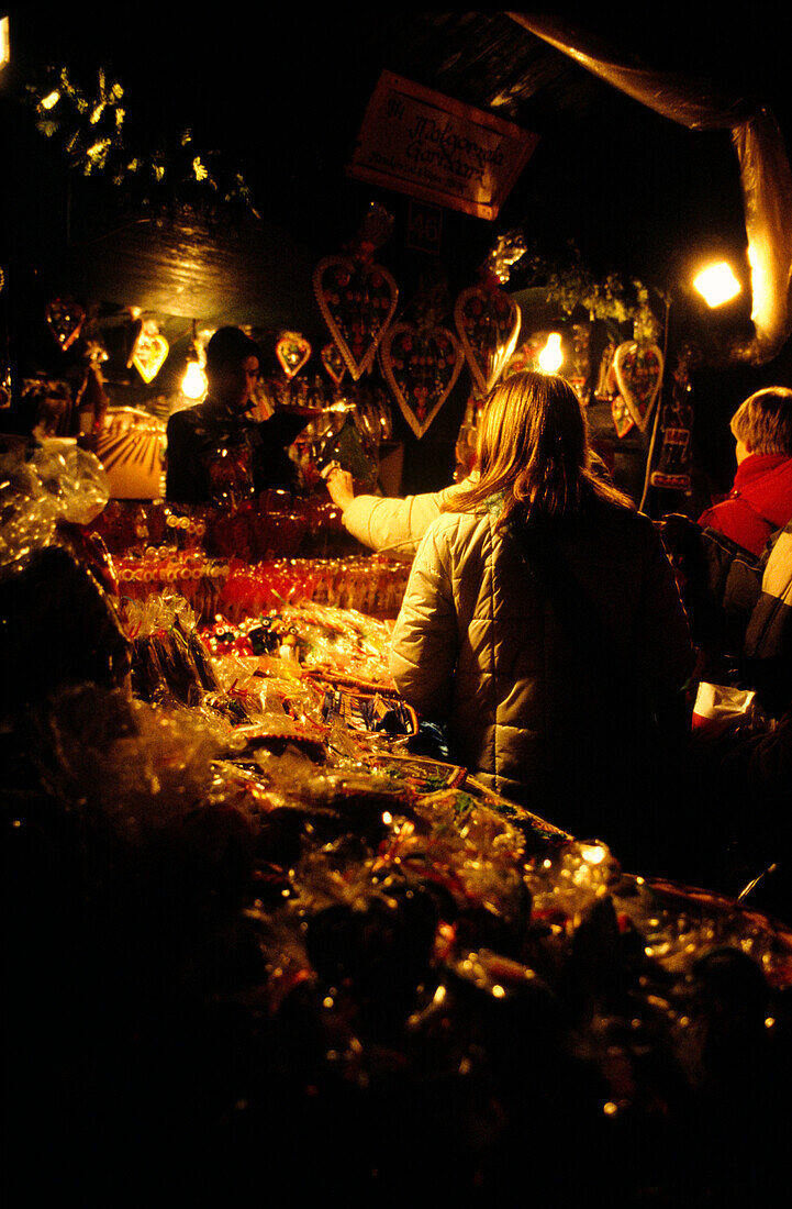 Market stall of decorations at night