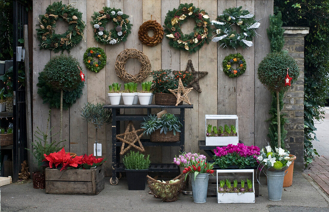 Garden display of Christmas wreaths and flowers