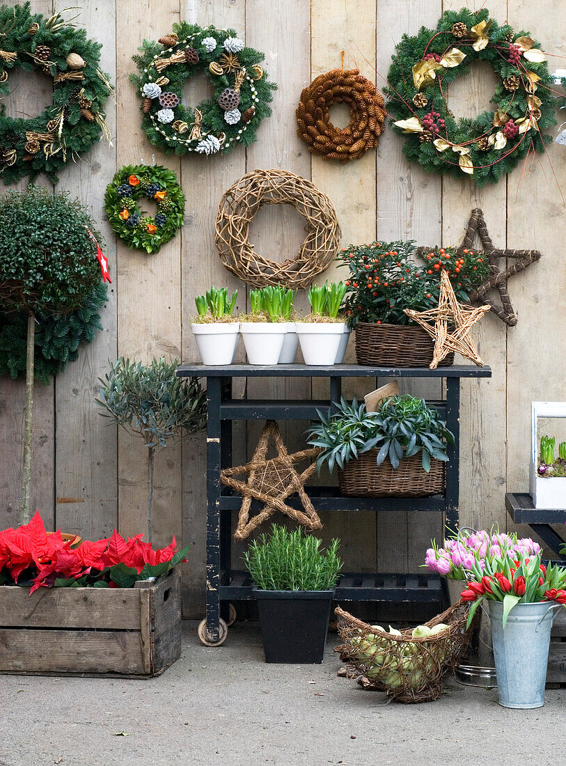 Garden display of Christmas wreaths and flowers