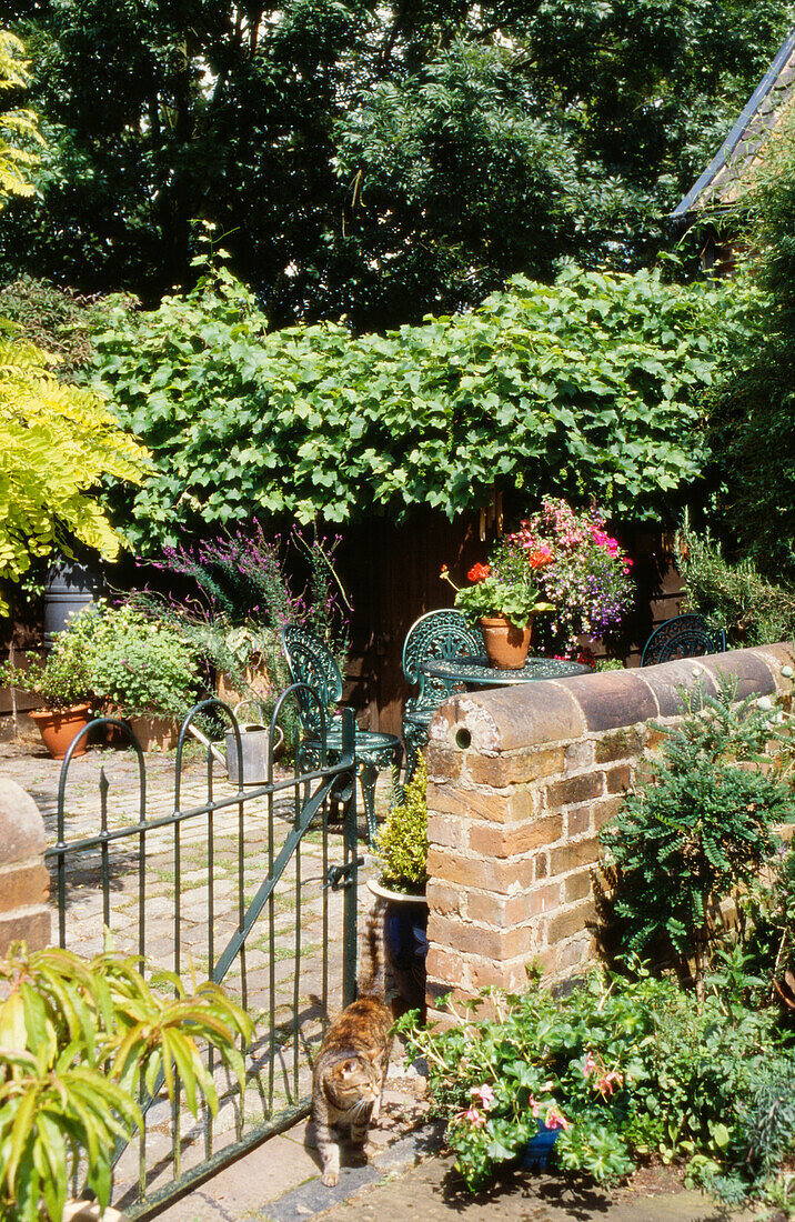 Eingeschlossener Innenhof einer Suffolk-Terrasse im Garten eines Landarbeiter-Cottages