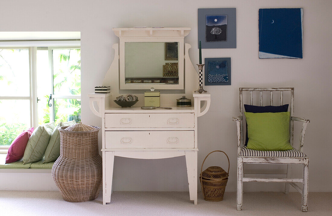 Painted dressing table with chair artwork and window seat