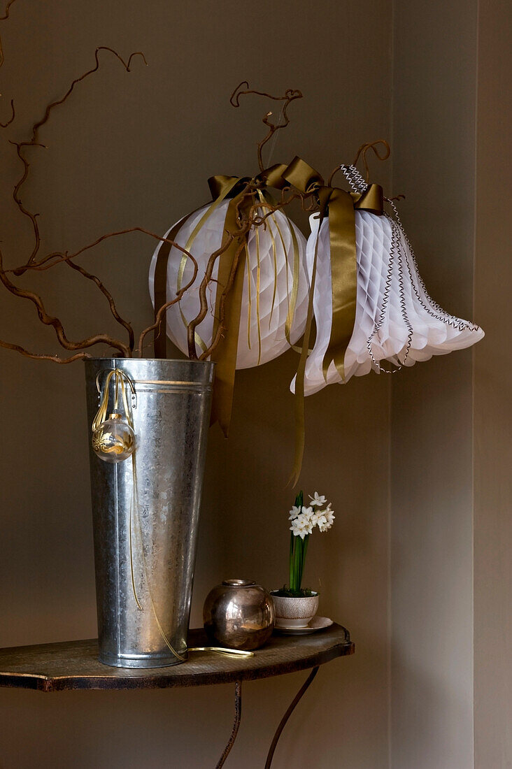 Christmas decorations displayed on a side table