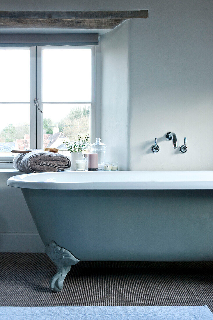 Freestanding bath at window of Wiltshire home