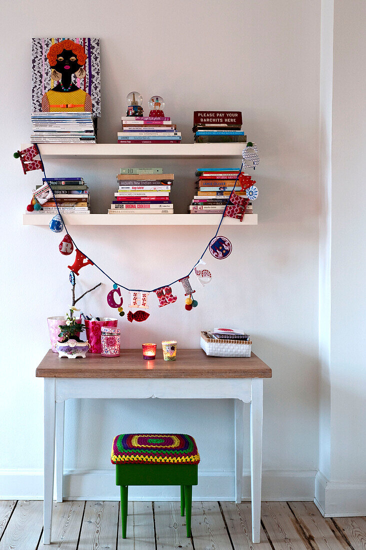 Books on wall shelves with small stool at desk