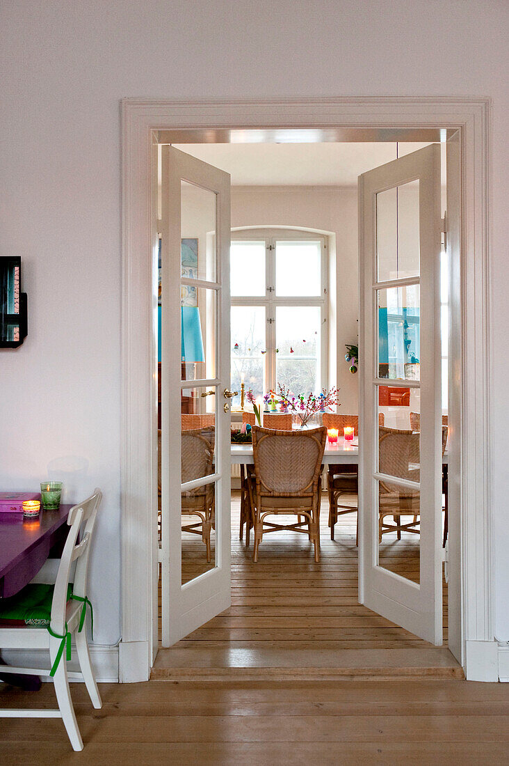 View through double doors to dining room in Odense