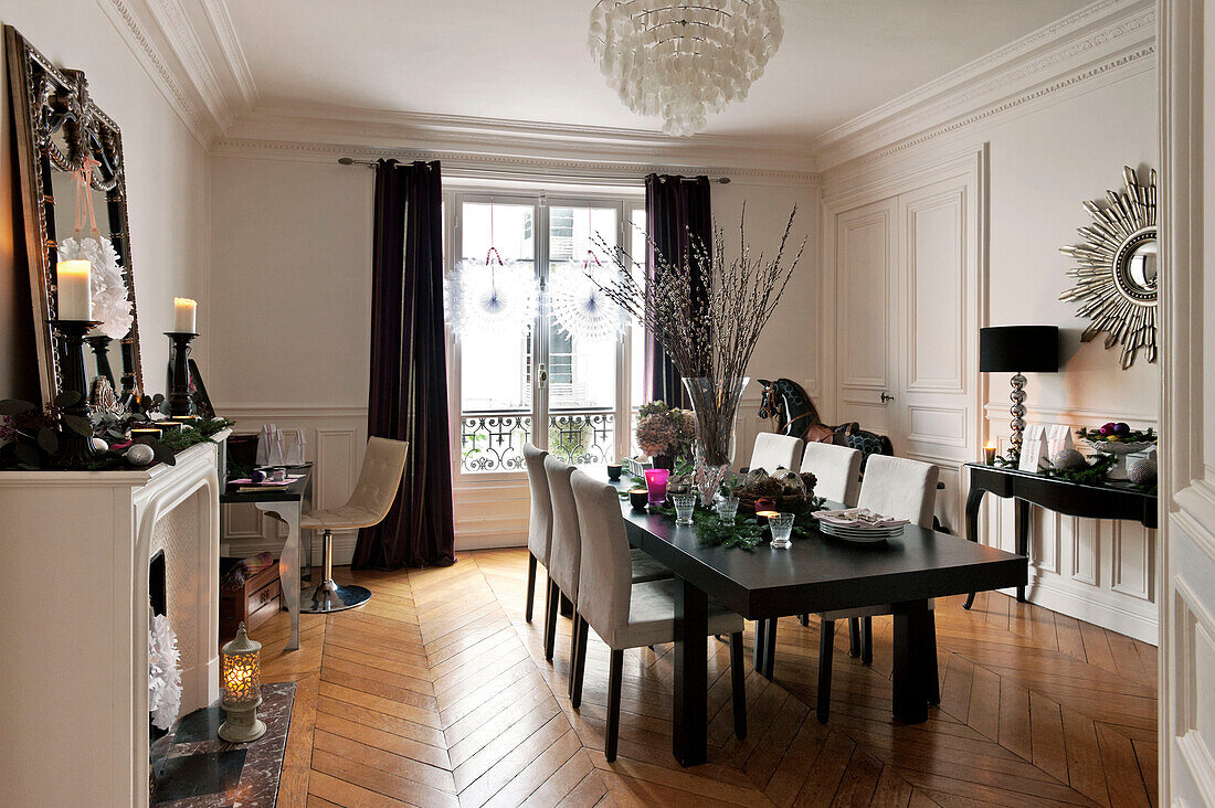 Dining table in Paris apartment with parquet flooring at Christmas, France