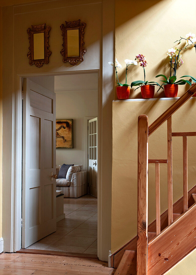 Holztreppe mit Zimmerpflanzen und Blick durch die Türöffnung in einem Haus im ländlichen Suffolk England UK
