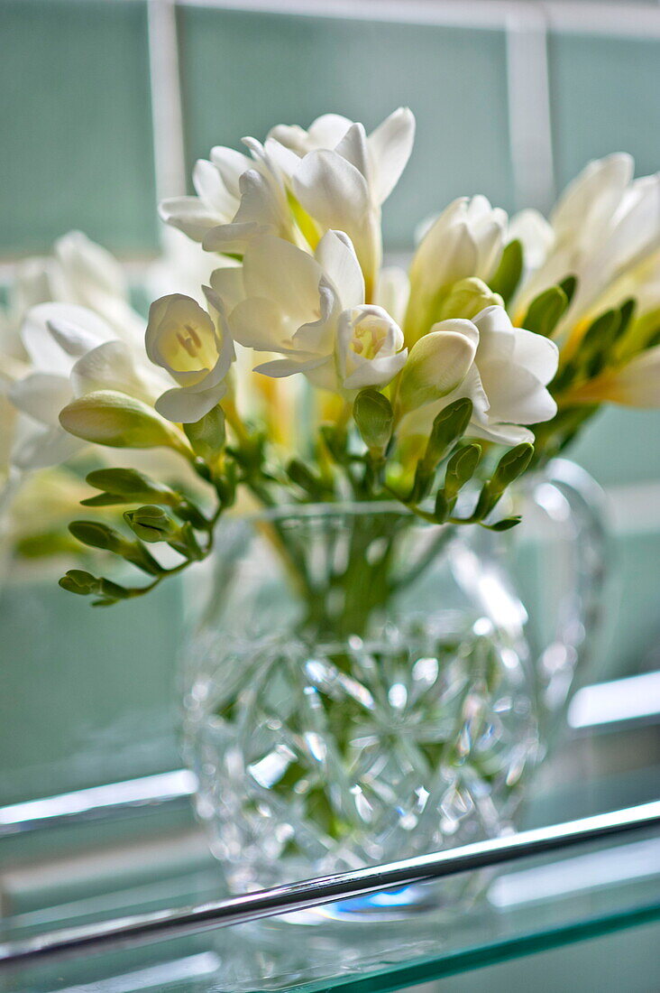 Weiße Blumen in einer Vase aus geschliffenem Glas, Haus der Familie Bovey Tracey, Devon, England, UK