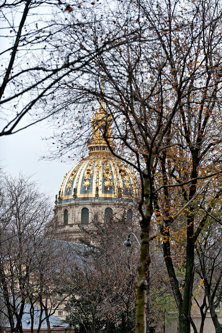 Vergoldete Kuppel mit Blick durch Winterbäume in Paris, Frankreich