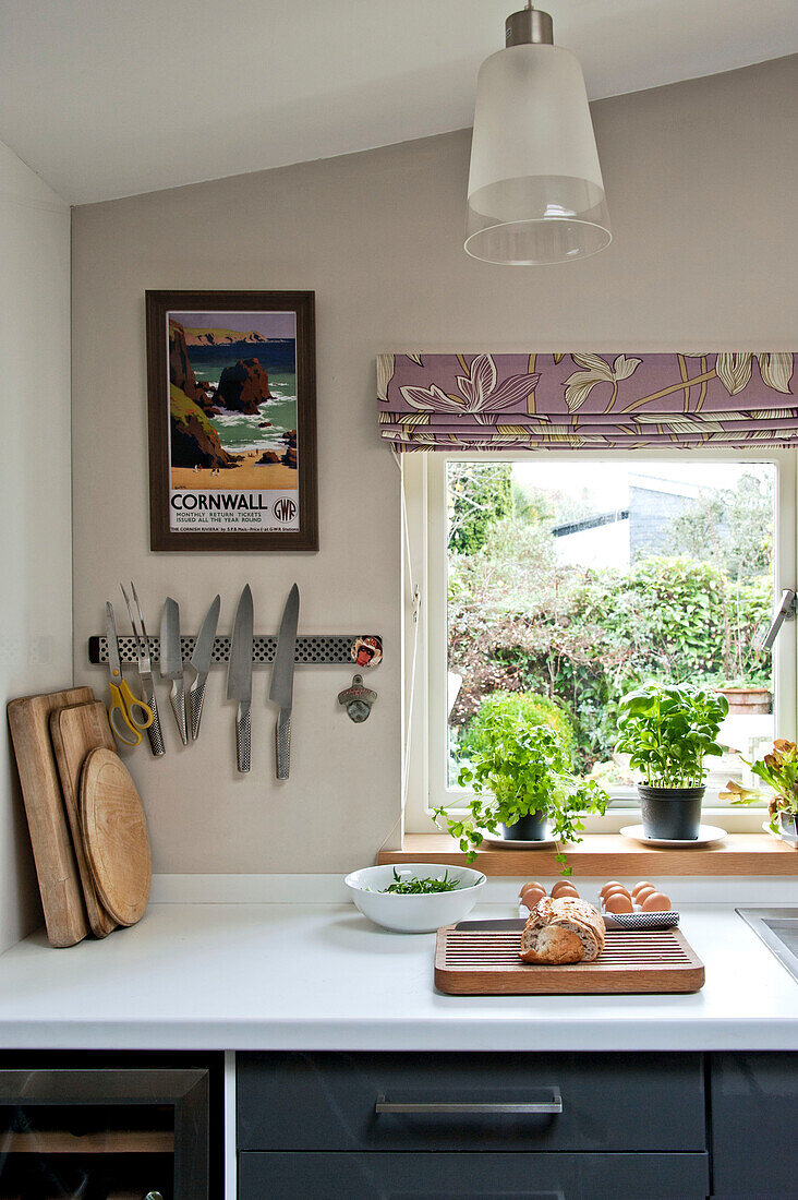 Kitchen knives on magnetic strip with chopping boards and herbs on windowsill in modern kitchen, Cornwall, UK